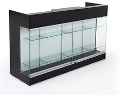 a black and glass display case on a white background with no one in it yet