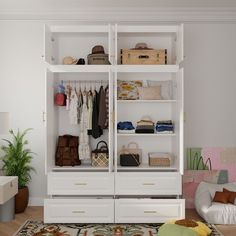 a white closet filled with lots of clothes and bags