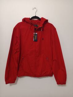 NWT Polo Ralph Lauren Men’s Red Hooded Full Zip Cotton Poplin Jacket Size Medium