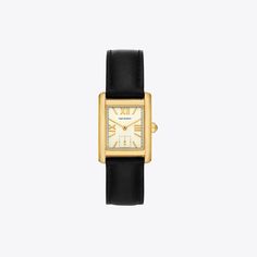 Clean-lined and elegant. The Eleanor watch features a rectangular dial with three-hand movement. Crafted in gold-tone stainless steel with a black leather band. Classic Square Watch For Formal Occasions, Classic Square Watches For Formal Occasions, Luxury Square Watches For Formal Occasions, Classic Square Formal Watches, Luxury Square Formal Watches, Luxury Square Face Business Watch, Classic Square Watches With Diamond Hour Markers, Classic Gold Watch With Square Face, Classic Square Face Watch With Metal Dial