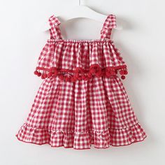 Summer Girls' Middle And Small Children's Suspender Plaid Ruffle Dress - PrettyKid Gingham Dress With Ruffled Straps And Details, Gingham Dress With Ruffled Straps And Ruffles, Plaid Sleeveless Dress With Ruffle Hem, Sleeveless Plaid Dress With Ruffle Hem, Sweet Gingham Dress With Ruffles, Sleeveless Gingham Dress With Ruffles, Sweet Gingham Dress For Spring, Playful Sleeveless Gingham Dress, Sweet Spring Gingham Dress