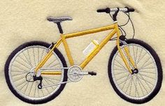 a yellow bicycle with black spokes on a white background embroidered onto a piece of fabric