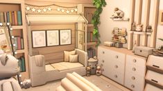 an animated image of a child's bedroom with furniture and bookshelves