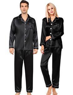 PRICES MAY VARY. SILKY COUPLES PAJAMA SETS: Couple Matching Pajamas are made of silky satin fabric - 95% Polyester and 5% Spandex, comfy, lightweight, breathable, and skin-friendly. Great for sleeping, pajama party or lounging around with these Couple Pajama Sets for Him and Her. PAJAMAS FEATURES: Matching Pajamas for Couples featuring classic sleepwear style. Pajama Top: Long sleeve sleepwear with classic notch collar, button down and left chest pocket design. Pajama Bottom: Long pajama pants w Long Sleeve Buttoned Sleepwear For Pajama Party, Black Long Sleeve Sets For Night, Black Long Sleeve Set For Night, Relaxed Fit Long Sleeve Sleepwear With Buttons, Long Sleeve Loungewear Sets With Button Closure, Long Sleeve Pajama Party Set With Buttons, Long Sleeve Pajama Set With Buttons, Casual Long Sleeve Sleepwear For Night, Casual Long Sleeve Night Sleepwear