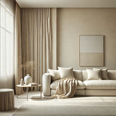 DALL·E-2024-09-21-01.17.31-A-minimalist-living-room-featuring-a-neutral-color-palette.-The-room-has-soft-beige-walls-an-off-white-plush-sofa-and-light-gray-curtains.-The-overa Dark Window Treatments, Airy Curtains, Gray Curtains, Minimalist Living Room Ideas, Dark Window, Bohemian Diy, Living Room Minimalist, Beach Theme Living Room, Minimal Living Room