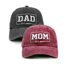 Custom Embroidered Hat, Dad Est 2024, Mom Est 2024, Personalized Date, Vintage Baseball Hat, Gift For New Grandma Grandpa, Mothers day gift, Thicthinhichthoi 100% Cotton twill Unisex Caps - One Size fits Black, white, stone, Red, Navy, Khaki, ... hats are solid-colored. Hats of all other colors are pigment-dyed, giving them a vintage look. Daddy Hats, Mama Hats, Mom And Dad Hats, Gifts For New Grandma, First Time Dad Gifts, Custom Embroidered Hats, Distressed Baseball Cap, First Mothers Day Gifts, Mom Hats