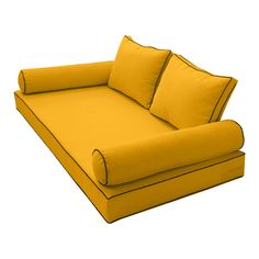 a yellow couch with two pillows on the back and one pillow on the side, sitting in front of a white background