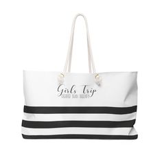 Girls Trip Striped Weekender Bag Trendy Tote Weekender Bag For Weekend Trips, Trendy Beach Bag For Vacation Weekend, Trendy Tote Weekender Bag, Beachy Weekend Tote Bag, Black Beach Bag For Vacation Travel, Black Beach Bag For Travel And Vacation, Black Travel Bag For Vacation, Trendy Travel Canvas Bag With Braided Handles, Large Capacity Bags For Weekend Beach Season