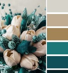 the color scheme is teal, brown and green with some flowers on top of it