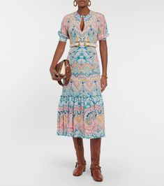 Printed Silk Midi Dress in Multicoloured - Etro | Mytheresa Multicolor Printed Silk Midi Dress, Multicolor Viscose Dress With Vibrant Print, Printed Viscose Midi Dress, Printed Multicolor Viscose Midi Dress, Multicolor Printed Viscose Midi Dress, Multicolor Midi Dress With Vibrant Print, Multicolor Silk Knee-length Dress, Fitted Multicolor Viscose Midi Dress, Silk Midi Dress