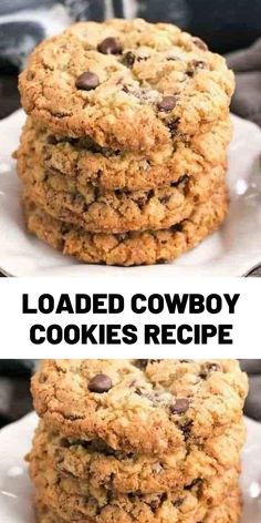 two pictures of cookies stacked on top of each other with the words loaded cowboy cookies recipe below