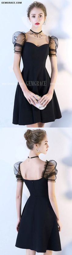 Cute Little Black Bubble Sleeve Homecoming Party Dress Black A-line Party Dress, Black Mini Length Evening Dress For Prom Season, Black Mini-length Evening Dress For Prom Season, Black Mini Length Evening Dress For Prom, Black Mini Evening Dress For Prom, Black Evening Dress For Prom Holiday, Black Mini Dress For Prom Evening, Black Evening Dress For Holiday, Black Holiday Evening Dress For Prom