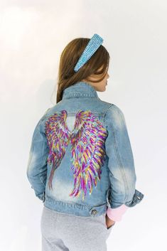 Description: Light wash denim jacket Neon Angel Wings on the back Perfect denim to go with any outfit Available in mommy sizes! Match your little one Models wearing a size 8 Material & Care: 95% Cotton 5% Spandex, Denim Machine wash cold gentle (inside out) Low/Cool Iron Do not bleach Do not dry clean Tumble/hang dry (inside out)Colorful Cute Medium Wash Denim Jacket, Cute Denim Jacket For Fall, Cute Fitted Blue Denim Jacket, Cute Blue Denim Jacket, Neon Angel Wings, Rainbow Swimsuit, Fur Pom Pom Hat, Light Denim Jacket, Light Wash Denim Jacket