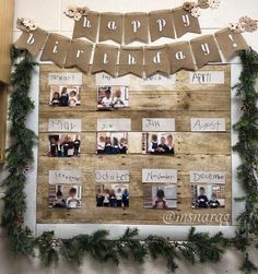 a wooden board with pictures and garlands on it