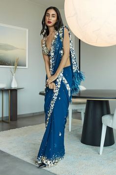 Sapphire blue saree with sequin applique, bead, feather embellishment on border. Paired with petticoat. - Aza Fashions Embellished Saree, Border Saree, Saree For Women, Sequin Blouse, Pearl Stone, Sequin Appliques, Blue Saree, Floral Applique, Sapphire Blue