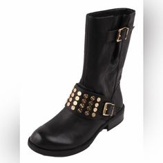 Jessica Simpson Black Faux Leather & Gold Studded Skylar Biker Boots With Buckles. Size 8.5. Nwt. Please Send Reasonable Offers Through The Offer Button! Follow To Keep Updated! (35) Punk Style Winter Moto Boots With Studded Outsoles, Fall Moto Boots With Grommets And Round Toe, Winter Ankle Moto Boots With Studded Rubber Outsoles, Black Grommets Boots For Fall, Black Boots With Grommets For Fall, Trendy Studded Moto Boots For Winter, Winter Studded Ankle Moto Boots, Black Moto Boots With Grommets, Black Round Toe Moto Boots With Grommets