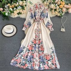 Floral Print Turn Down Collar Single Breasted High Waist A Line With Belt Dress Vestidos Vintage, Floral Print Maxi Dress, Floral Print Maxi, Luxury Dress, Slim Dresses, Maxi Dress Party, Fesyen Wanita, Mode Style, Looks Vintage