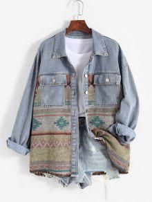 Women's Ethnic Aztec Printed Shacket Flap Pocket Long Sleeve Shirt Retro Western Denim Spliced Jacket In MULTI-E | ZAFUL 2023 Matching Swimwear