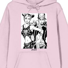 Celebrate your favorite manga characters in style with this Jojo's Bizarre Adventure sweatshirt. The hoodie features black and white illustrations of Jolyne Jotaro. The sweatshirt comes in cradle pink and is equipped with an adjustable hood and is equipped with an adjustable hood and a large pouch pocket. Jojo's Bizarre Adventure fans will love this comfy hoodie. Anime Print Hooded Top For Cosplay, Anime Hoodie With Anime Print For Cosplay Events, Casual Anime Print Hoodie For Cosplay, Casual Anime Print Hoodie For Cosplay Events, Anime Style Hoodie With Graphic Print For Cosplay, Anime Graphic Print Hoodie For Cosplay, Stone Ocean Jolyne, Adventure Sweatshirt, Jojo's Bizarre Adventure Stone Ocean