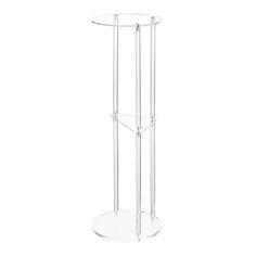 a clear glass and metal stand with two shelves