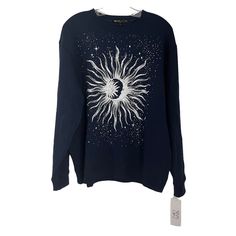 Nwt Women's The Vinyl Icons Navy Blue Sun Graphic Pullover Crewneck Sweatshirt, Size Medium. Crew Neckline, Long Sleeves, Pullover Styling. 60% Cotton, 40% Polyester. New With Tags. Chest: 22.5" Length: 27.5" Arm Length: 19" All Measurements Are Approximate And Are Taken With The Item Laying Flat. Size: Womens M Condition: New With Tags Blue Sweater With Graphic Print For Loungewear, Blue Graphic Print Sweater For Loungewear, Blue Cotton Sweater With Graphic Print, Cropped Half Zip, Sun Graphic, Graphic Pullover, Mock Neck Sweatshirt, Velvet Hoodie, North Face Hoodie