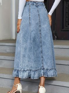 Blue Ruffle Hem Denim Midi Skirt, Single Breasted Button Washed Elegan – XIEYINSHE Denim Clothing, Womens Denim, Skirt Trends, Denim Skirt Women, Denim Midi Skirt, Clothing Size Chart, Womens Clothing Sizes, Denim Outfit, Ruffle Hem