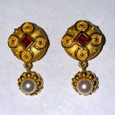 14 Kt. Solid Gold Earrings. Byzantine Style With Center Garnet And Pearl Drop. 1.25” Drop. Substantial Weight At 15 Grams. A Stunning Piece Of Jewelry. Garnet And Pearl, Solid Gold Earrings, Earrings Color, Pearl Drop, Garnet, Solid Gold, Gold Earrings, Pearl Earrings, Jewelry Earrings