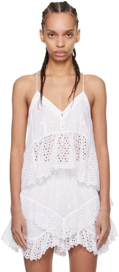 Organic cotton broderie anglaise camisole. Cutouts and embroidered detailing throughout. · Plunging V-neck · Four-button placket · Cropped peplum hem · Fixed shoulder straps · Racer back Supplier color: White Isabel Marant Dress, Isabel Marant Etoile, Whimsical Fashion, Peplum Hem, Tank Top Camisole, Cami Tanks, Racer Back, Relaxed Style, Button Placket