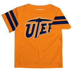 Texas at El Paso Miners Vive La Fete Boys Game Day Orange Short Sleeve Tee with Stripes on Sleeves School Spirit T-shirt With Team Logo For Cheerleading, Blue T-shirt For Game Day, Orange Team Spirit Sports Top, Football Season Cheerleading Tops With Team Logo, Team-colored Tops With Team Logo For Cheerleading, Team-colored Cheerleading Tops With Team Logo, Cheerleading Team Logo Tops For Football Season, Collegiate T-shirt With Team Logo For Cheerleading, Cheerleading Team Spirit Tops With Logo