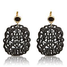 Kenneth Jay Lane Black Carved Earrings at HAUTEheadquarters.com Elegant Black Drop Plug Earrings, Formal Black Filigree Earrings, Ornate Black Filigree Jewelry, Elegant Black Filigree Earrings, Elegant Black Drop Earrings, Black Enamel Metal Earrings, Black Filigree Earrings, Black Filigree Earrings For Gift, Black Filigree Earrings As Gift