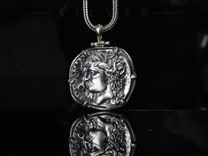 ✨MATERIAL: Captain Silver Coin necklace is made of 100% 925k sterling silver material. This unique  Ancient Greek necklace is suitable for both men and women. It does not contain chemicals that may affect human health. ✅SIZE: This Ancient Greek necklace pendant measures 3.00cm (1.1 inches) in width, 3.50cm (1.3                                                                               inches) in height. In terms of chain thickness, 0.2 cm is suitable and the chain measures 0.2 cm. The chain l Luxury Silver Jewelry With Coin Pendant, Sterling Silver White Gold Coin Pendant Jewelry, Luxury Sterling Silver Necklace With Coin Pendant, Luxury Silver Necklace With Coin Pendant, Luxury 925 Stamped Sterling Silver Necklace, Greek Necklace, Necklace Gift Ideas, Ancient Greek Jewelry, Boyfriend Necklace