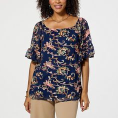 Nina Leonard Embroidered Flutter-Sleeve Top  Classic, comfortable and the perfect complement to your favorite bottoms, this top has you covered. Casual Floral Embroidered Top With Ruffle Sleeves, Casual Floral Embroidered Ruffle Sleeve Tops, Casual Floral Embroidery Top With Ruffle Sleeves, Casual Blue Blouse With Butterfly Sleeves, Casual Tops With Floral Embroidery And Ruffle Sleeves, Blue Flutter Sleeve Tops With Floral Print, Blue Flutter Sleeve Blouse For Vacation, Blue Floral Print Top With Flutter Sleeves, Blue Floral Print Tops With Flutter Sleeves