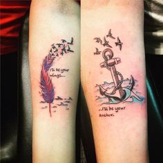 two tattoos with words and an anchor on the arms, one has a feather in it