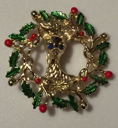 Vintage Gerry's Christmas Wreath Brooch Holly Deer Collectible | eBay Vintage Red Brooches For Festive Occasion, Red Vintage Holiday Jewelry, Vintage Red Jewelry For Holidays, Red Vintage Jewelry For Holidays, Christmas Holiday Brooch Jewelry, Christmas Holiday Jewelry Brooch, Vintage Red Jewelry For Christmas, Vintage Christmas Jewelry For Celebration, Vintage Christmas Celebration Jewelry