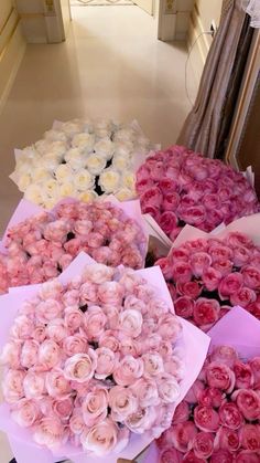 several large bouquets of pink and white roses are arranged on the floor in rows