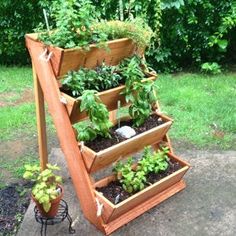 a wooden planter filled with lots of plants