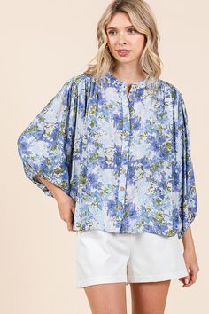 Blue Flower Print Batwing Sleeve Button Down Blouse Relaxed Fit Floral Print Button-up Blouse, Spring Blouse With Gathered Sleeves, Summer Button-up Tops With Gathered Sleeves, Summer Button-up Tops With Blouson Sleeves, Spring Brunch Blouse With Gathered Sleeves, Spring Button-up Tops With Gathered Sleeves, Flowy Button-up Top For Spring, Spring Blouse With Button Cuffs And Relaxed Fit, Spring Button-up Blouse With Blouson Sleeves