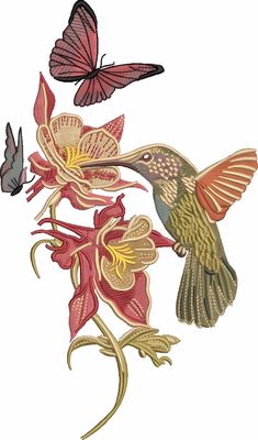 a hummingbird and two butterflies are flying over the flower stems in this embroidery design