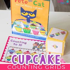 two children's books and cupcakes on a table with the title pete the cat and the missing cupcake