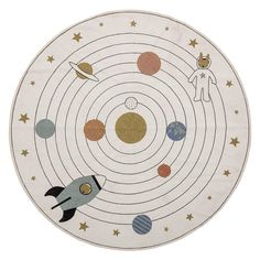 a round rug with planets and rockets on the floor in front of a white background