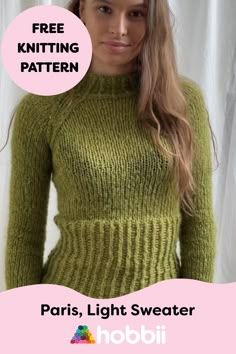 a woman wearing a green sweater with the text free knitting pattern paris, light sweater hoboi