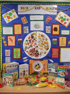 a table topped with lots of books and pictures next to a wall covered in magnets