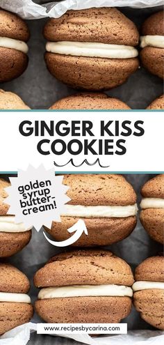 ginger kiss cookies are stacked on top of each other with white frosting in the middle