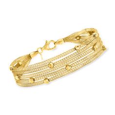 Ross-Simons - Italian 18kt Gold Over Sterling Multi-Strand Mesh Bracelet. 8". You can't go wrong with our Italian-made mesh bracelet. A vision in 18kt yellow gold over sterling silver, multiple strands twist and intertwine with one another. Stationed beads offer a decorative feel to a style that's perfect for everyday wear. Lobster clasp, multi-strand mesh bracelet. Gold Woven Bracelet, Ruby Earrings Studs, Front Back Earrings, Yellow Gold Bangle, Fine Jewelery, Multi Strand Bracelet, Silver Jewellery Sets, Mesh Bracelet, Fine Jewelry Bracelets