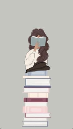 a woman sitting on top of a stack of books with her head resting on the book