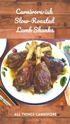 Text: "Carnivore-ish Slow-Roasted Lamb Shanks - all things carnivore" and an image of a plate of roasted lamb shanks on a table Lam Shank Recipe, Oven Roasted Lamb Shanks, Lamb Shanks Oven Easy, How To Cook Lamb Shanks, Lamb Shanks Crockpot, Carnivore Lamb Recipes, Oven Baked Lamb Shanks, Lamb Shank Recipe Oven Easy, Lamb Shank Recipes