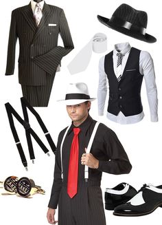 a man in a suit and tie is standing next to some shoes, hats, and other items