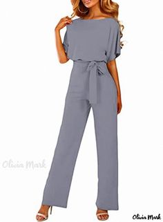 Olivia Mark - Monochrome Jumpsuit with Loose Fit and Wide-Leg Design Grey Jumpsuit, Long Jumpsuit, Belt Jumpsuit, Jumpsuit Chic, Loose Fitting Tops, Pants Design, Wide Pants, Office Fashion, Wide Leg Jumpsuit