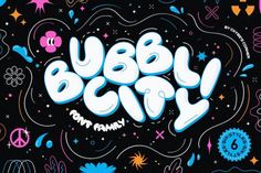 the word bubbley is surrounded by various symbols and colors on a black background with peace signs