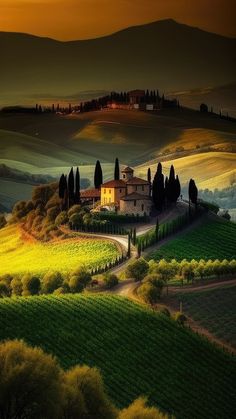 an image of a house in the middle of a field with trees and hills behind it